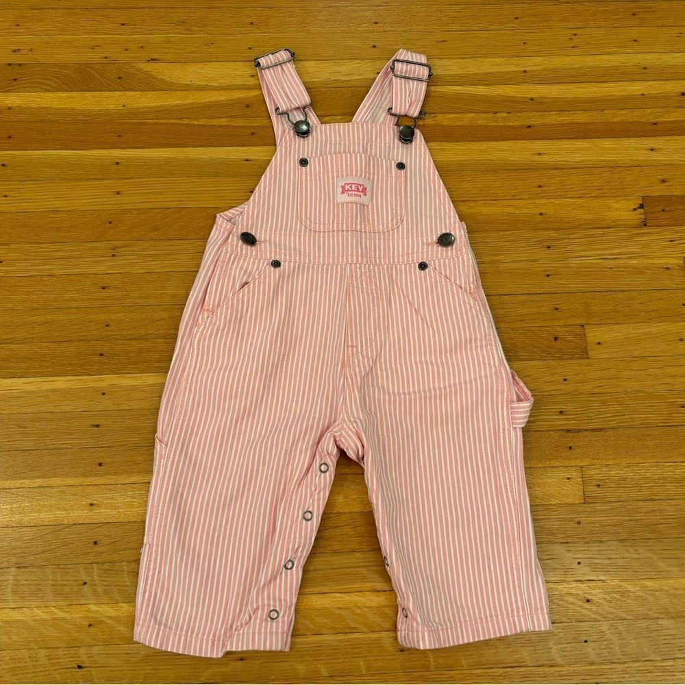 Key vintage pink/white stripe bib overalls